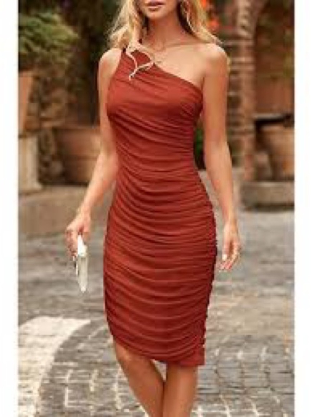 One-Shoulder Ruched Bodycon Dress in Rust - Picture 1 of 4